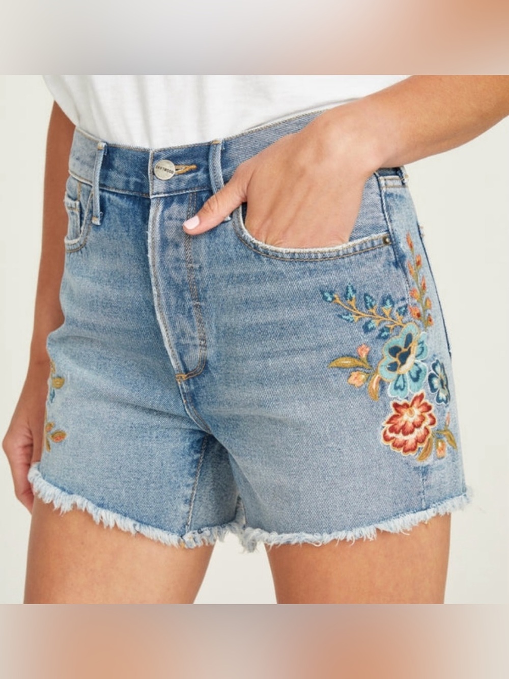 Driftwood Goldie Maui Floral Embroidered Cut Off Denim Shorts
